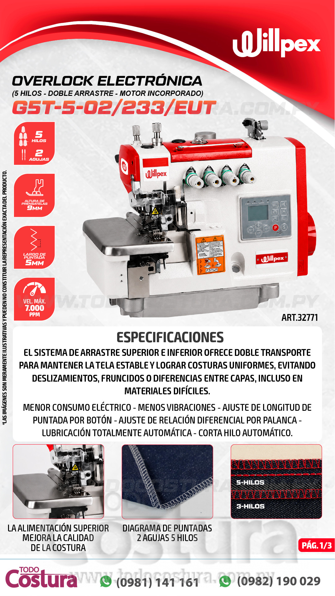OVERLOCK ELECTRONICA (5 HILOS - DOBLE ARRASTRE) WILLPEX G5T-5-02/233/EUT (MOTOR INCORPORADO)